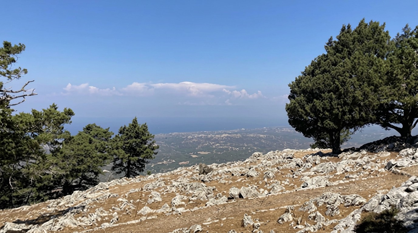 נוף הררי סלעי עם עצי אורן, משקיף אל המישור וים האגאי באופק